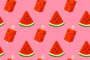 Playful seamless pattern of triangular watermelon slices and cube-shaped popsicles on a pink background vector