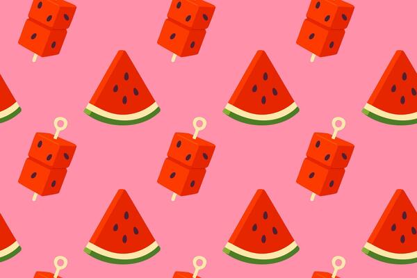 Playful seamless pattern of triangular watermelon slices and cube-shaped popsicles on a pink background