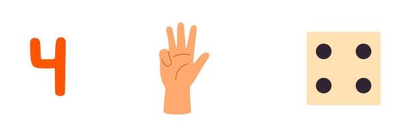 Number 4 with raised four fingers and four-dot dice for number recognition vector