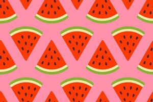 Seamless pattern with triangular watermelon slices in red and green on a soft pink background vector