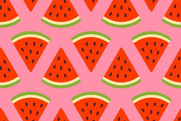 Seamless pattern with triangular watermelon slices in red and green on a soft pink background