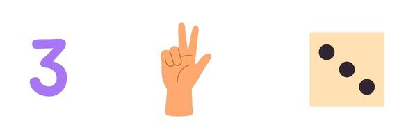 Number 3 with three fingers and matching dice for preschool counting vector