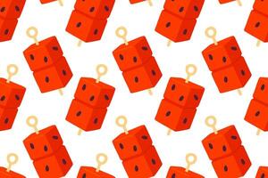 Pattern of red cube-shaped watermelon-flavored popsicles with sticks arranged in a seamless layout on a white background vector