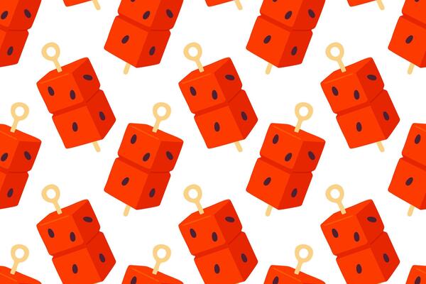 Pattern of red cube-shaped watermelon-flavored popsicles with sticks arranged in a seamless layout on a white background
