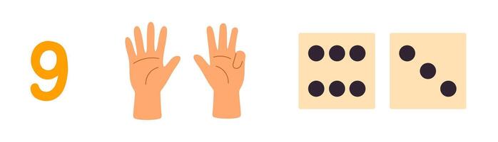 Number 9 with nine fingers and combination of dice for number learning vector