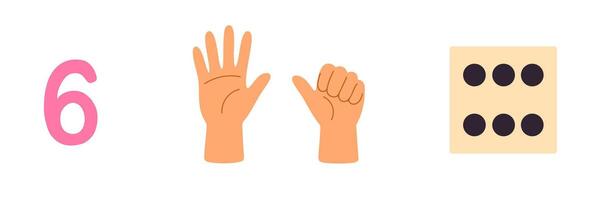 Number 6 with one full hand and thumb from other hand and matching dice vector