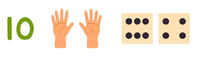 Number 10 with both hands open and two five-dot dice for visual counting vector