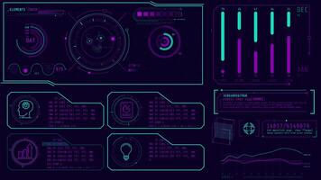 Animation of high-tech interface with graphic symbols, data processing video