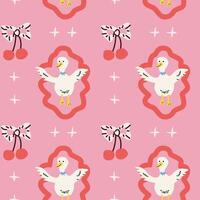 Whimsical cottagecore pattern with ducks and cherries for creative projects vector