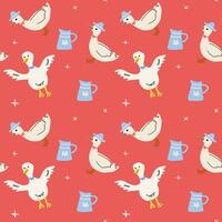 Whimsical cottage decor with ducks and jugs pattern on red background vector
