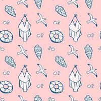 Seamless summer pattern with swimsuits, ice cream, seagulls, lifebuoys on pink background vector