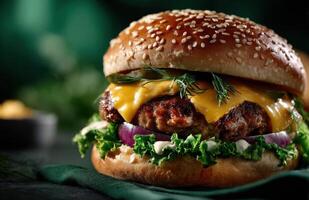 Delicious homemade burger with cranberry sauce, melted cheese and lettuce on a sesame seed bun photo