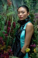 Fashion model posing in lush botanical garden setting photo