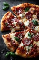 Delicious pepperoni pizza with fresh basil and mozzarella being sliced on dark background photo