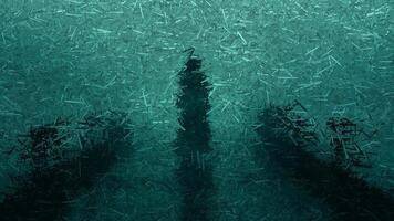 Terrible scene with a girl on the pier in the night fog, made of sharp fragments video