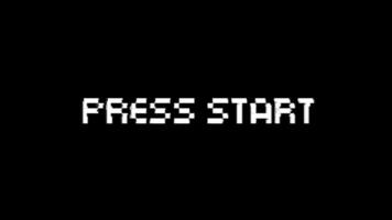 animation press start text in 8 bit pixel with glitch distortion effect black background alpha channel video