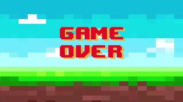 Animation Game over text on 8 bit game retro background.animated gaming controller sky, clouds, ground and grass in pixel video