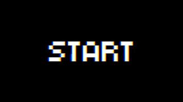 start text in 8 bit animation with glitch distortion effect on black backgrounds video