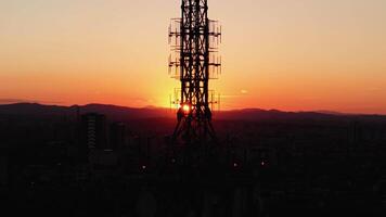 Aerial View of Tower Antenna Telecommunication Cell Phone, Radio Transmitters of Cellular 5g 4g Mobile Phone. Cellular Mobile Signals Providing High Speed 4g and Modern 5g Traffic Network Service. video
