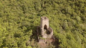 Aerial top view Chekili Tower. Hidden Medieval Outpost in Kakheti, Georgia.Solitary tower once served as a strategic lookout, guarding key routes through the region video
