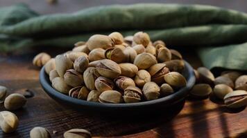 Roasted pistachios nuts in bowl on wooden table. video