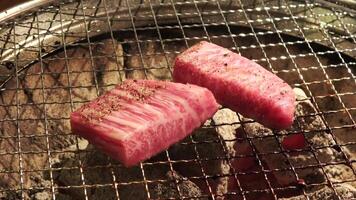 Wagyu beef from Japan with consistent marbling is being cooked over a wire mesh. video