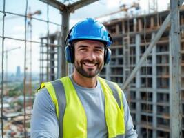 A man-builder wearing a protective helmet, headphones and a reflective vest against the background of a building under construction photo