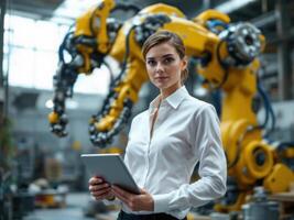Woman engineer sets up manipulator hand. Engineer man is working on automation in factory photo