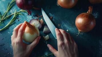 close up detail of hand chopping and slicing garlic with knife photo