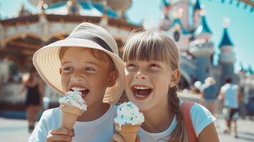 two children are enjoying eating ice cream at the park photo