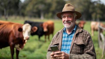 senior cattle farmer is standing while holding a smartphone in his cattle field photo