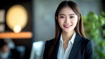 Young Asian Business woman with smiling in suit in the office. Happy saleswoman talking to clients, blurred office background. First jobber photo
