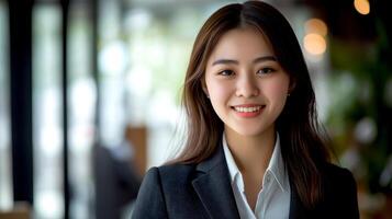 young Asian Business woman with smiling in suit in the office. Happy saleswoman talking to clients, blurred office background photo