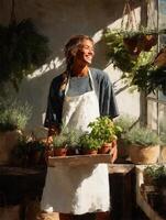 A young smiling woman with a sun-kissed face and loose braid, wearing a white apron over a dark oversized shirt, standing in a sunlit rustic room filled with potted herbs. photo