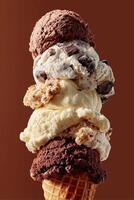 Tower of ice cream scoops in waffle cone photo