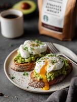 Realistic photograph in film style of rustic sourdough toast topped with mashed avocado and soft poached eggs with runny yolk, garnished with microgreens and black pepper. photo