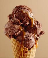 Chocolate ice cream cone with caramel drizzle photo