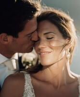 Realistic photo in film style. Groom gently kisses the smiling bride on the cheek, her eyes closed, dimples showing, light glimmering on her earrings and sequin dress.