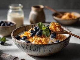 A ceramic bowl filled with golden breakfast cereal and fresh milk, topped with a small pile of frozen blueberries and a sprig of fresh mint. photo