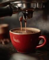 Close-up shot of espresso pouring from the portafilter into a red ceramic cup. photo