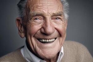 A close-up portrait of an elderly man with a bright, joyful smile and expressive eyes. photo