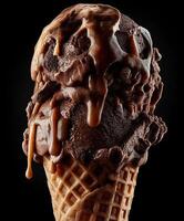 Dark chocolate ice cream with caramel on black background photo