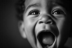 A black and white close-up portrait of a baby with bright wide eyes and long eyelashes, laughing or shouting with joy, mouth wide open and tongue visible. photo