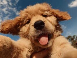 A golden retriever puppy sticking out its tongue while being held up toward the camera, appearing to take a selfie. photo