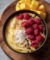 A dark ceramic bowl filled with thick, creamy mango smoothie, topped with a vibrant pile of frozen raspberries, toasted coconut flakes, puffed quinoa, and a few chocolate chips. photo