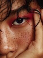 Bold eye makeup and freckles close-up photo