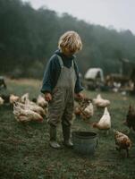 A melancholic yet serene image of a young blonde child wearing striped overalls, a navy hoodie, and rubber boots, standing in the rain on a muddy farm, surrounded by chickens. photo