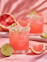 Summer grapefruit-pink cocktail with ice, served in clear glasses, topped with grapefruit wedges and a decorative lime sugar rim. photo