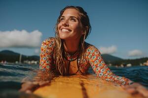 A smiling surfer girl in a colorful daisy-patterned rashguard lies on a bright yellow surfboard in the ocean. photo