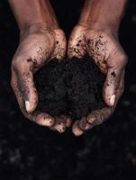 A powerful close-up image of two cupped hands holding rich, black soil against a dark blurred background. photo